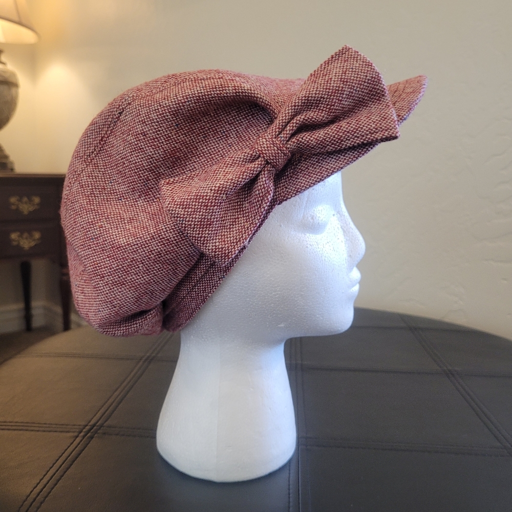 Chello Women's Newsboy Red Tweed Wool Blend Hat w/ Lining and Accent Bow